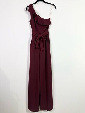 Emerald Sundae Maroon Red One Shoulder Ruffle Belted Wide Leg Jumpsuit